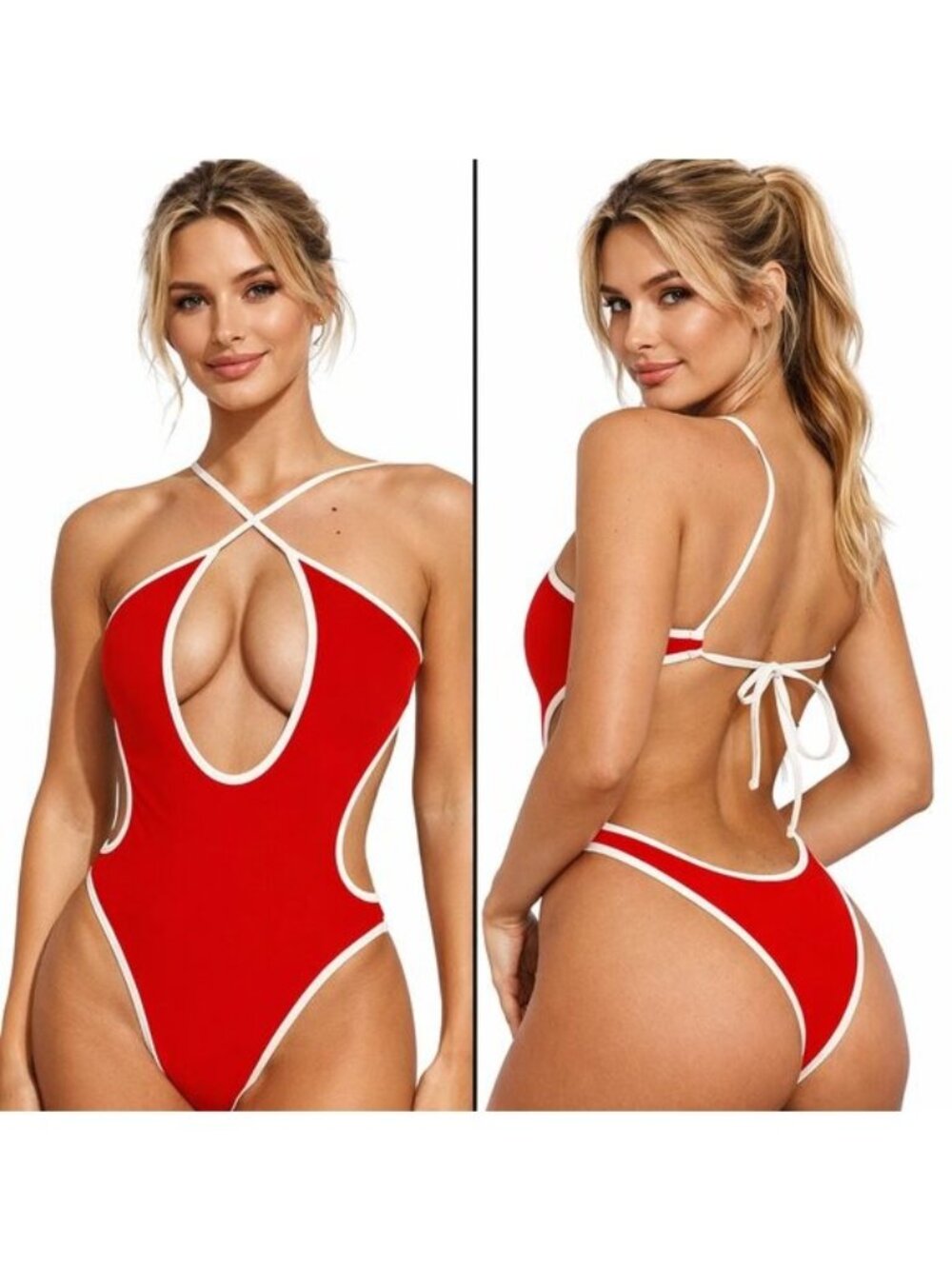 🔥 Small Criss Cross One-Piece Monokini Swimsuit – Red w/ White Trim NWOT